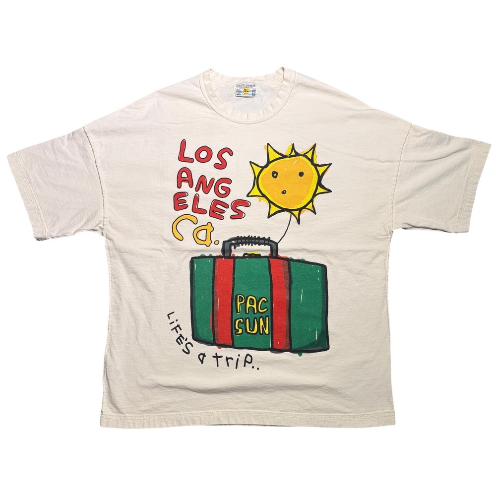 Vintage Pacific Sunwear Lifes a Trip T-Shirt XL Cream 90s Surf Skate Los Angeles